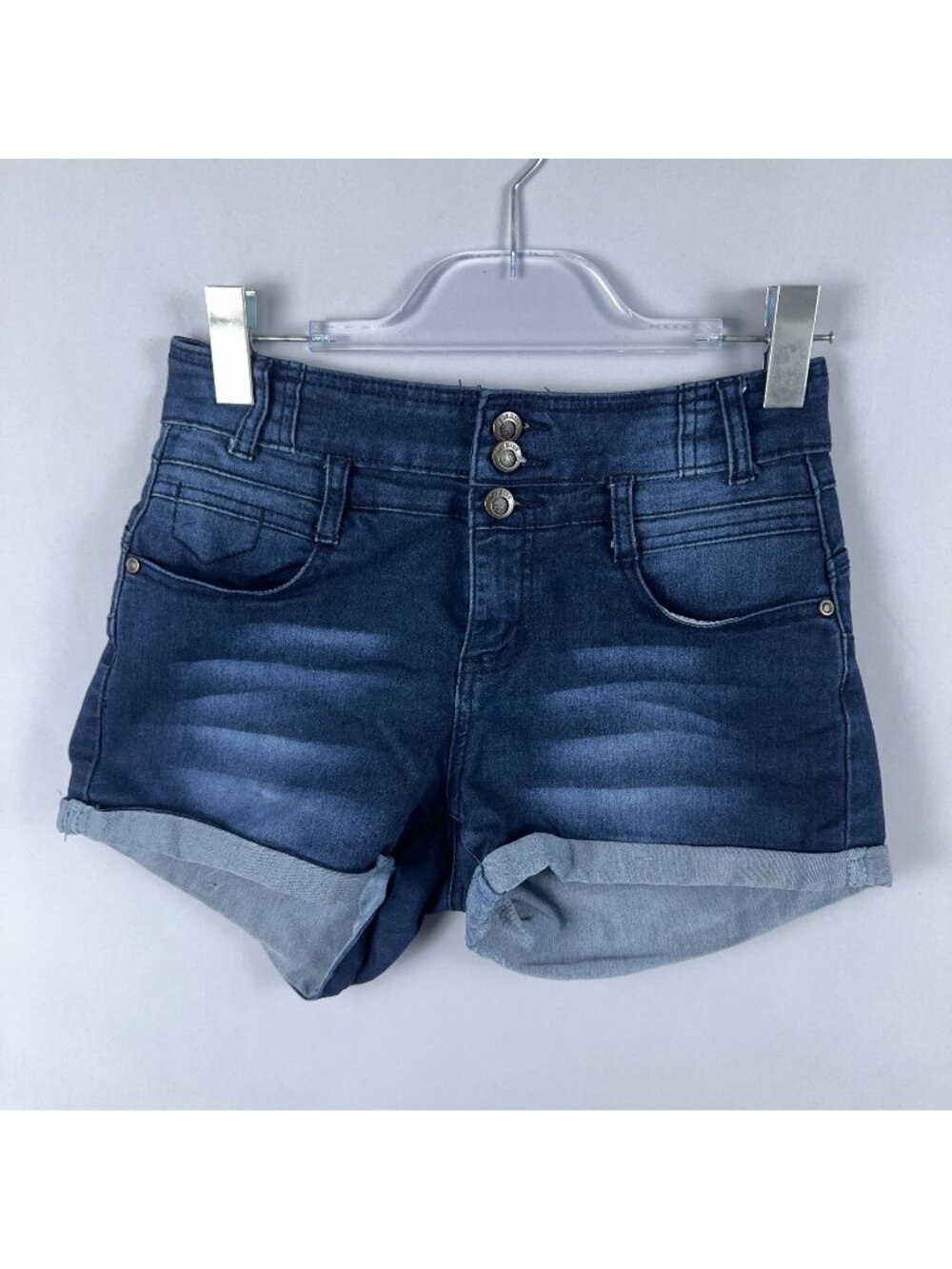 Hot Kiss Mom Shorts Size 9 Mid Rise Roll Cuffed Hem Triple Button Blue Dark Wash